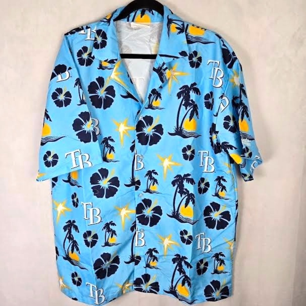 Tampa Bay‎ Rays Hawaiian Shirt Mens L Blue Floral MLB Gameday Basebal SGA Rare